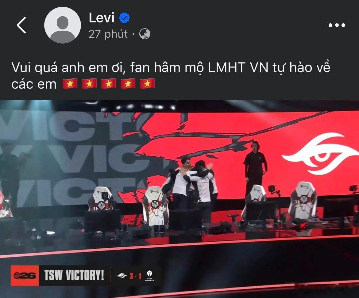 TSW 3-1 TES 赛后，Levi 发文："越南联赛粉丝为你们感到骄傲"。H