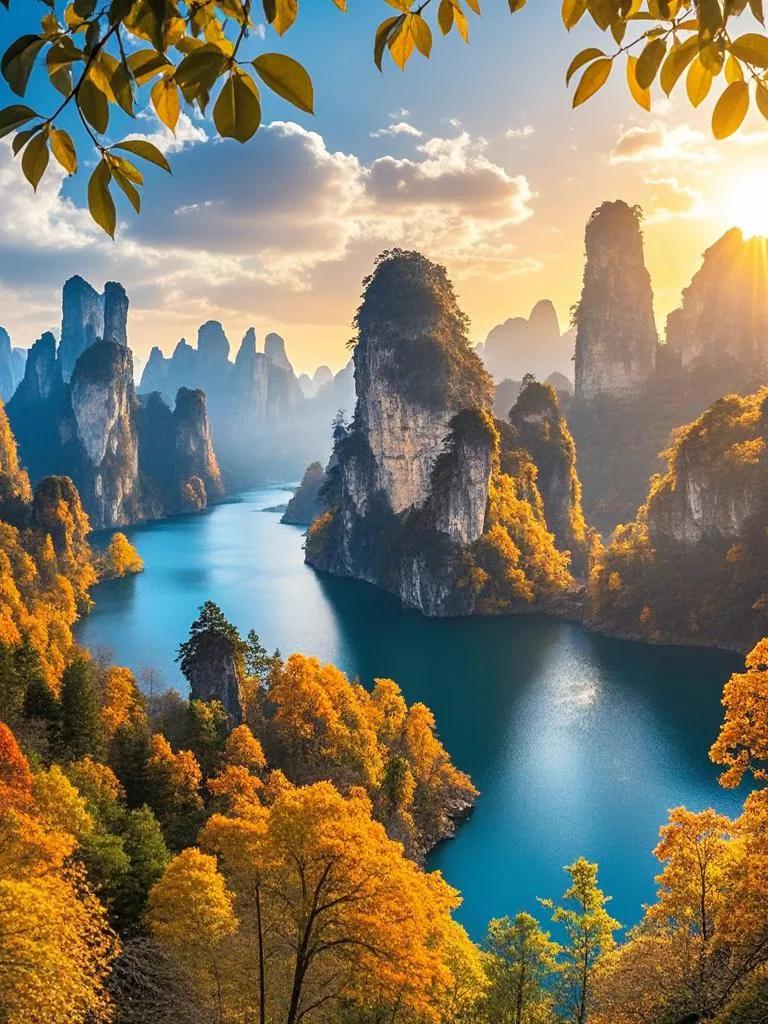 张家界索溪峪，夕阳洒落秋林，晚桂香幽，山峦湖影共绘斑斓暮色。风景如画话风景 张家