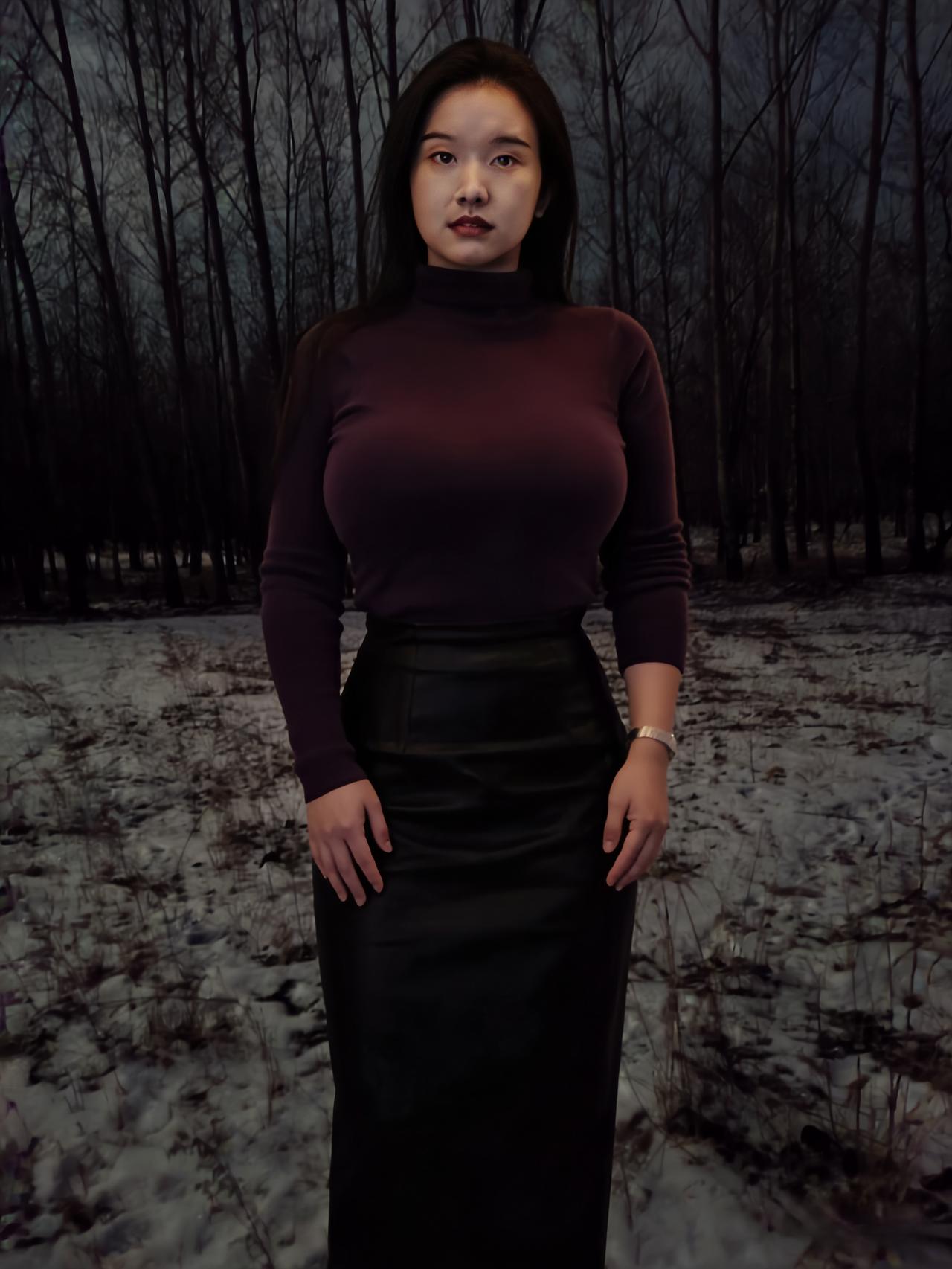 暮色侵荒径，寒霜覆软尘。
紫衣裁夜韵，黑裙裹冬身。
风拂青丝软，光浮玉腕新。
静