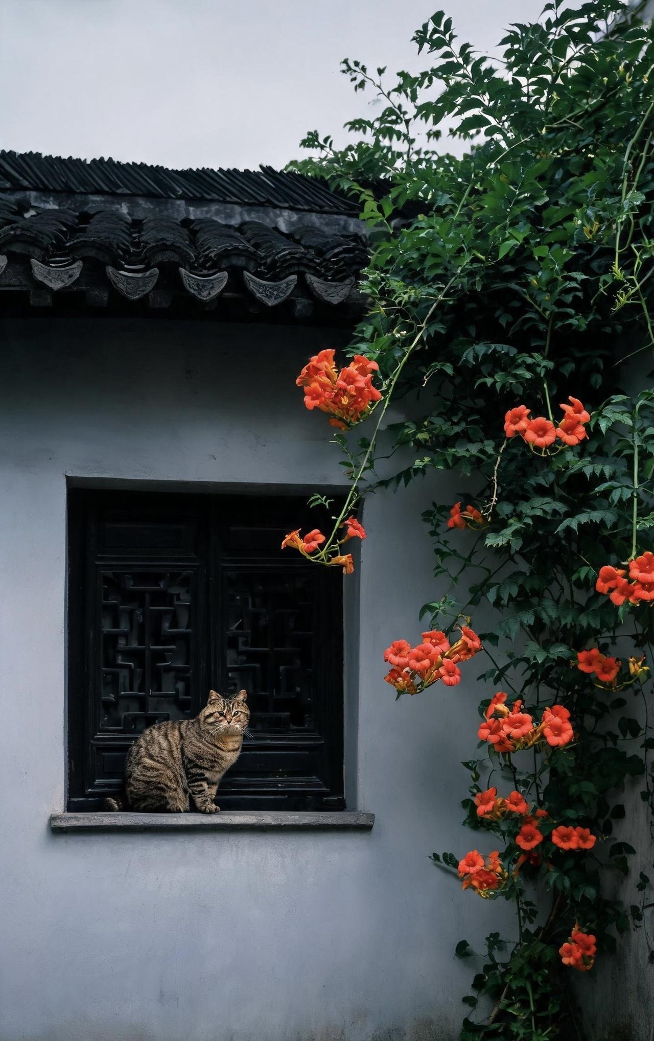 精美壁纸（837）🌈
📝白墙衬着黛瓦，是江南寻常院落。雕花黑窗边上，蹲了只圆
