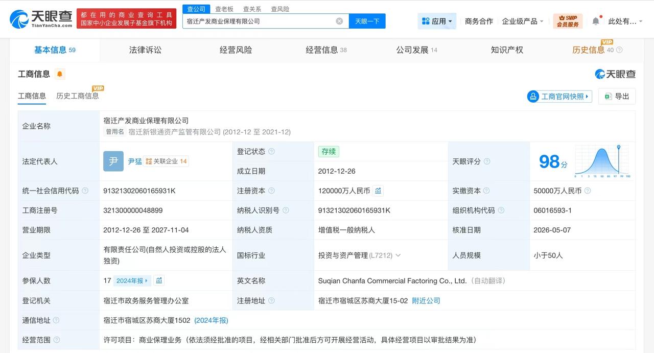 【宿迁产发商业保理公司增资至12亿 增幅140%】
天眼查App显示，近日，宿迁