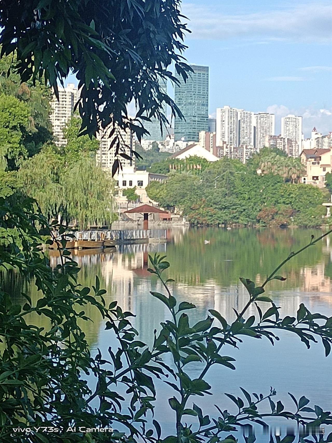 一城山水藏温柔
 
隔着枝叶望向这片湖水，城市好像瞬间慢了下来。
林立高楼静静立