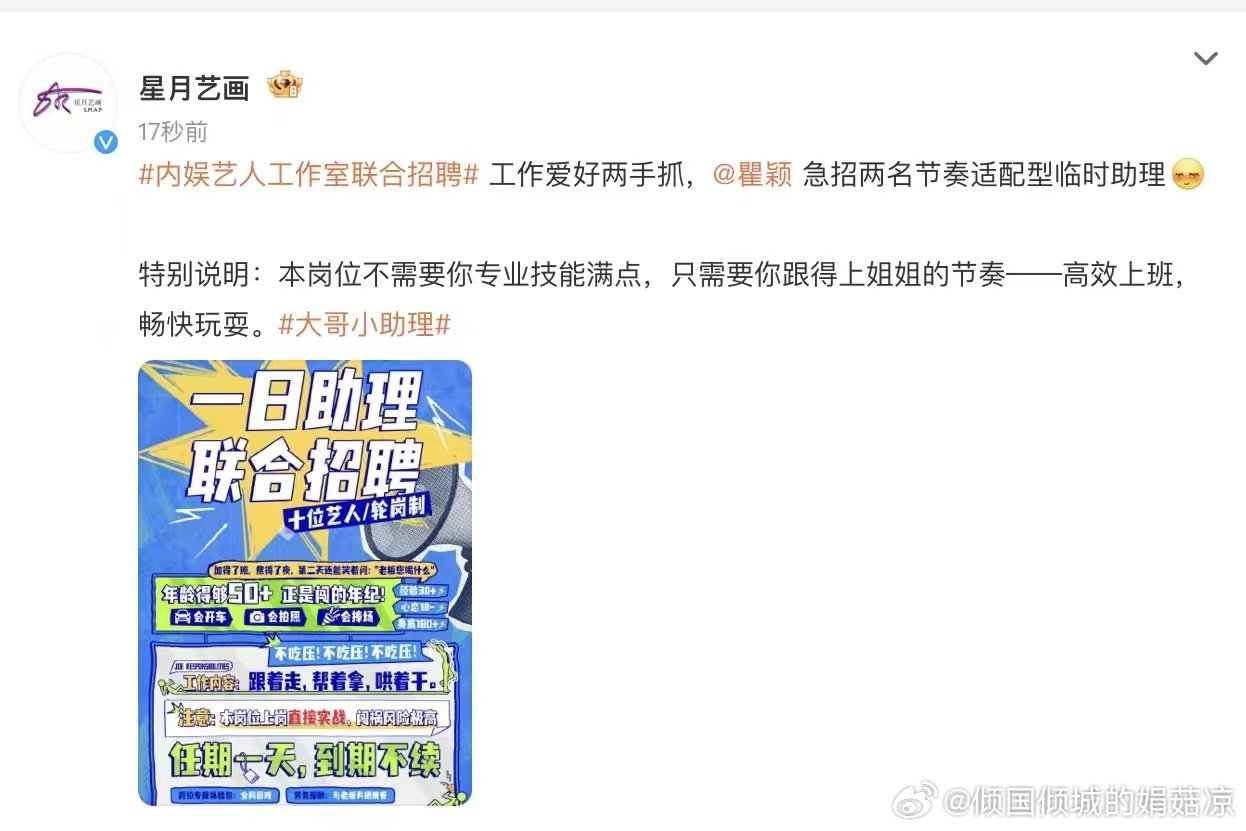 内娱艺人工作室联合招聘大哥小助理倒反天罡大哥化身打工小助理，上岗快下岗更快，好奇