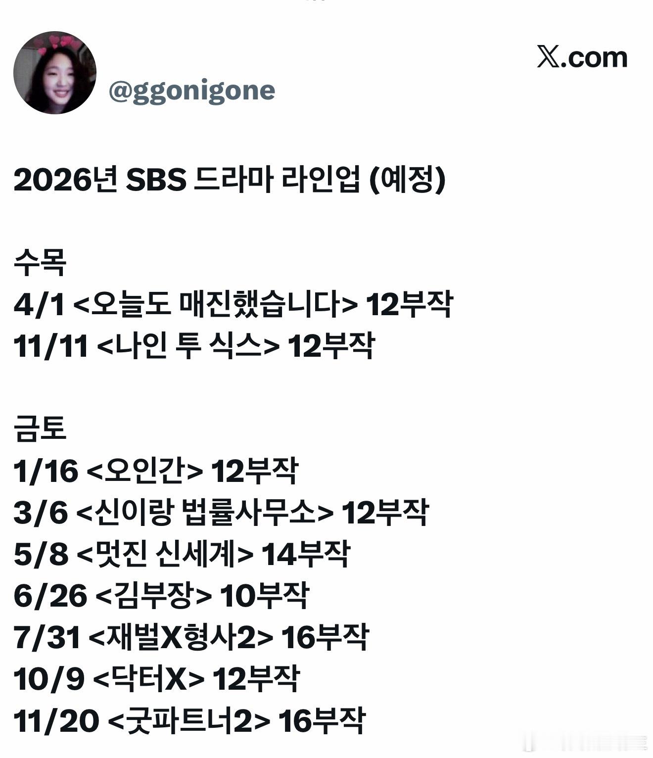 2026年 SBS 电视剧阵容 (预定)周三/周四4月1日 <今天也售罄了> 1