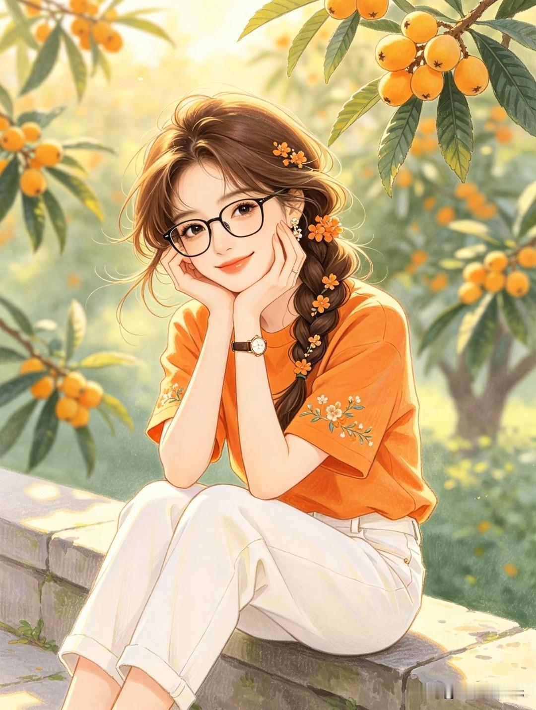 阳光下的甜美少女 满树枇杷染暖阳，
静谧而美好。丨甜半格插画头像分享
夏日阳光插