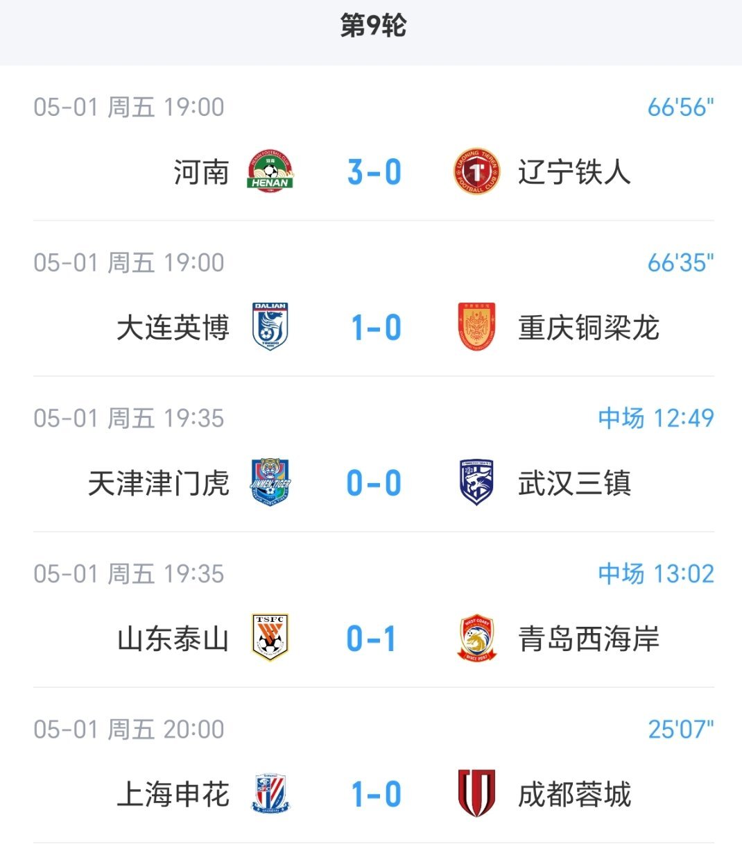 2026中超联赛 第九轮实时比分。 