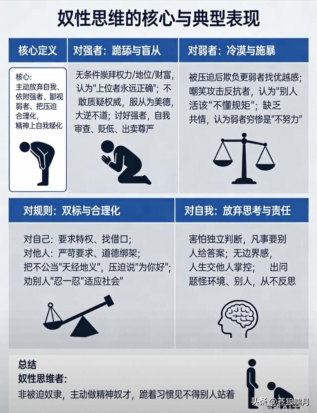 什么是奴性思维？这张图说得太明白！核心定义:放弃自我，依附强者，鄙视弱者，把压迫