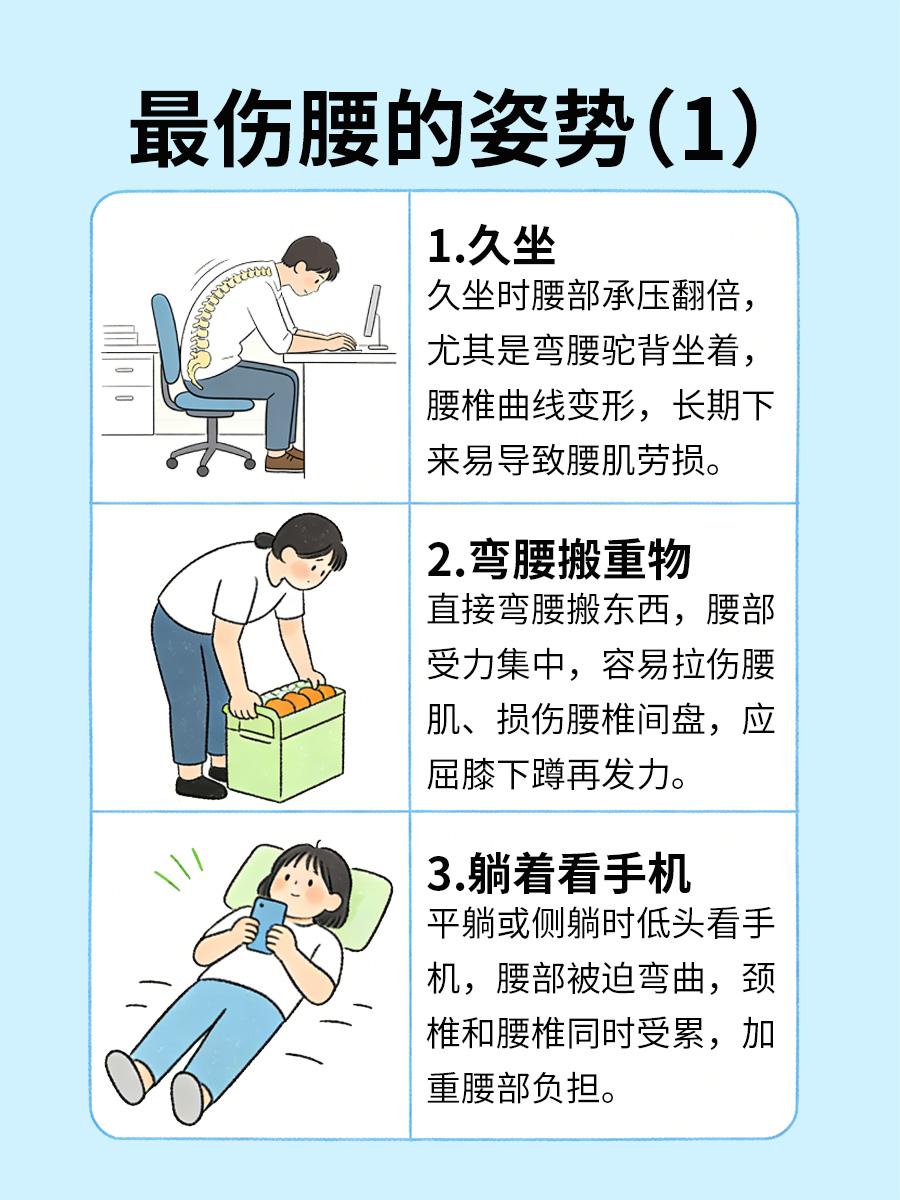 最伤腰的6个姿势，你是不是经常做？
很多人经常腰酸背痛，却不知道根源在日常姿势上