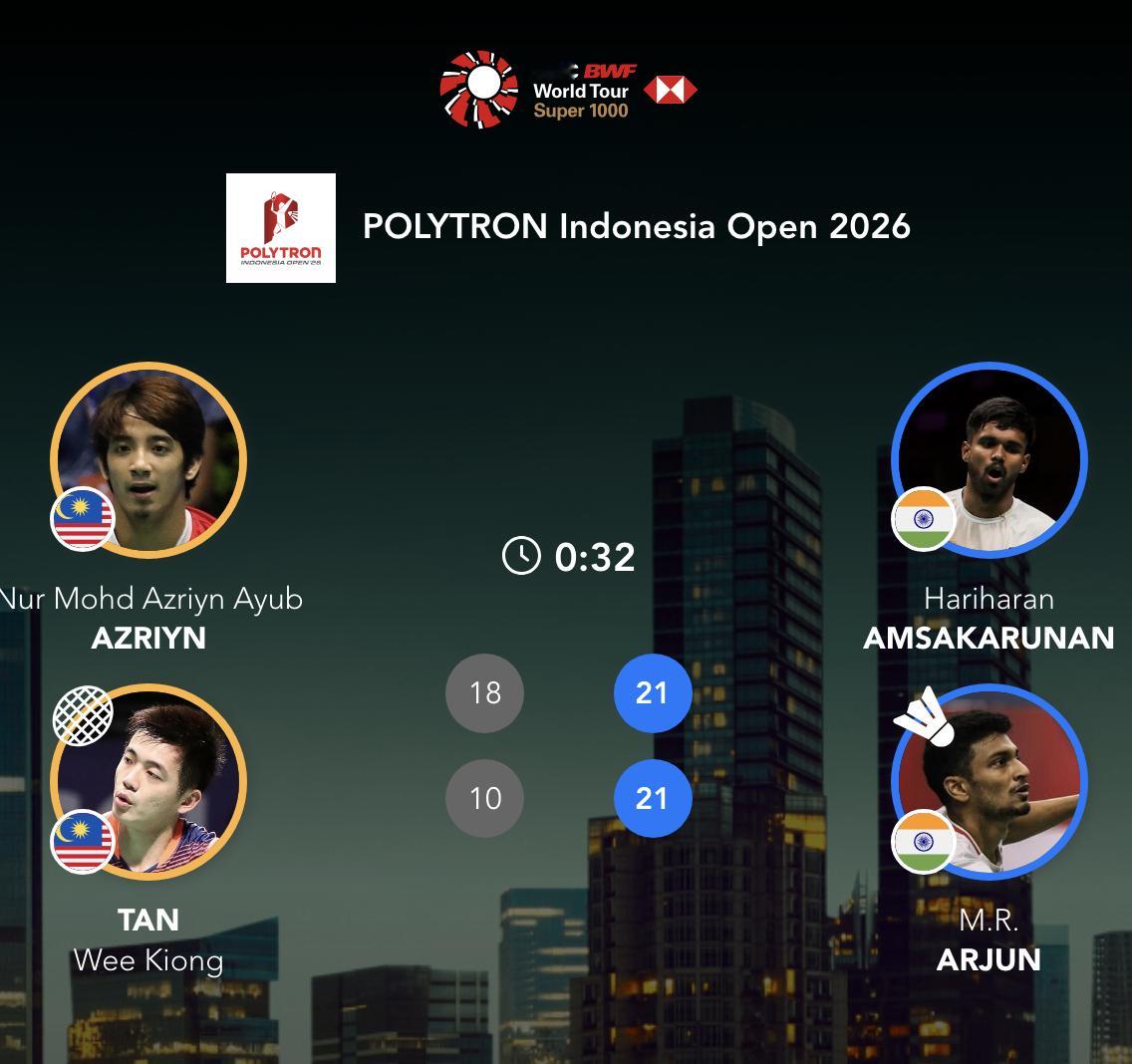 哈里哈兰/阿琼🇮🇳 21-18、21-10 🇲🇾阿兹林/陈蔚强下轮对手：