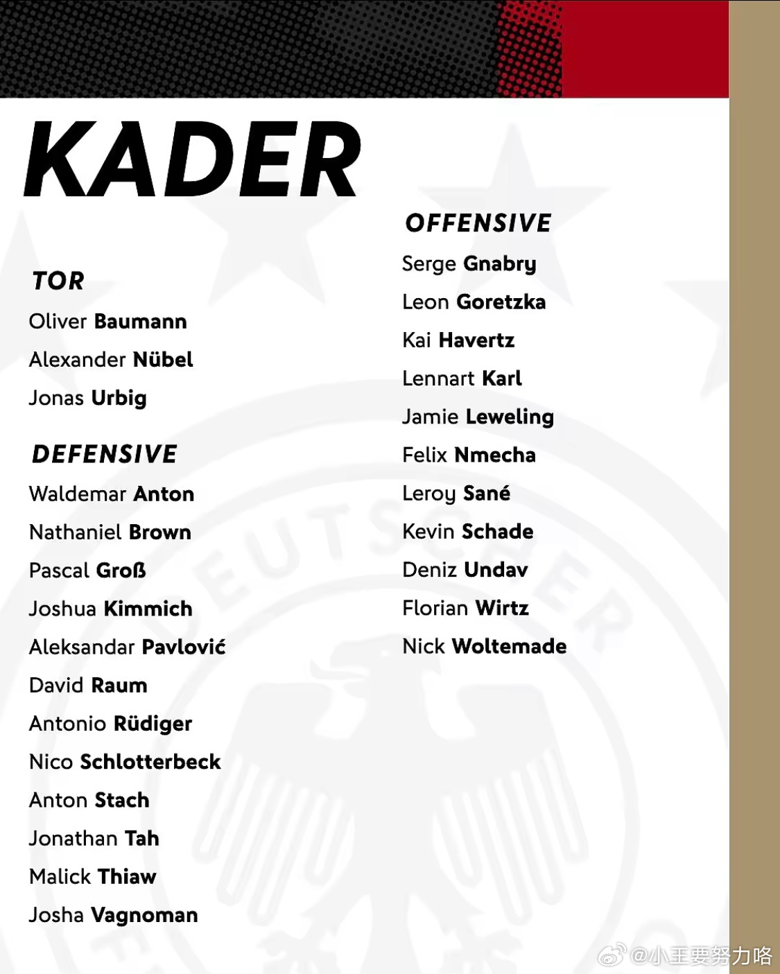 德国国家队3月份大名单：维尔茨领街，小将卡尔入选，穆西亚拉缺席3月19日德国国家