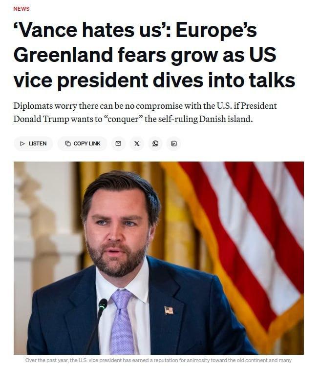 据《政客》报道，随着副总统J.D.万斯主导与丹麦和格陵兰岛的谈判，欧洲对格陵兰岛
