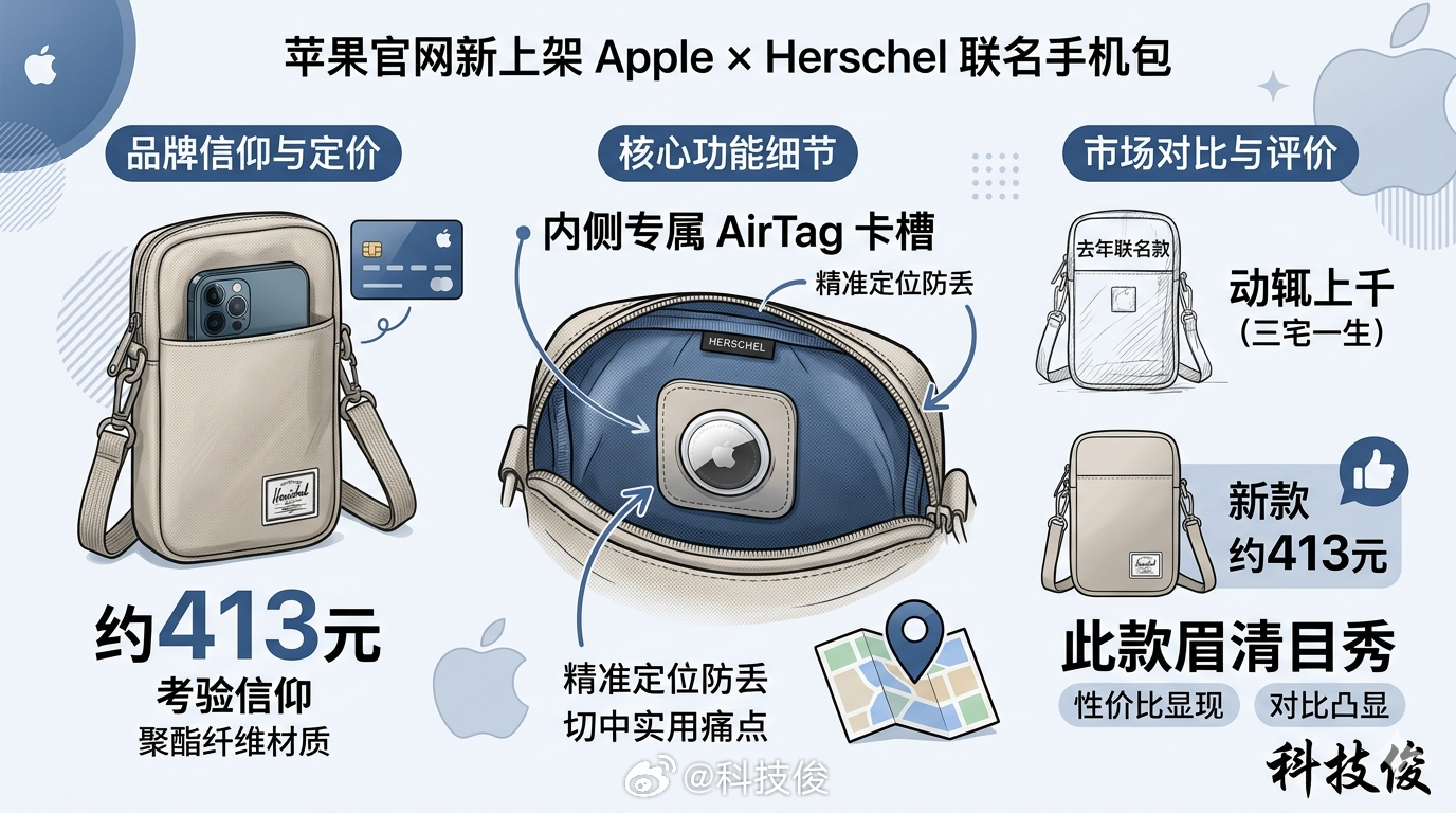 iPhone斜挎包苹果官网上架了和Herschel联名的新包，定价413块左右。
