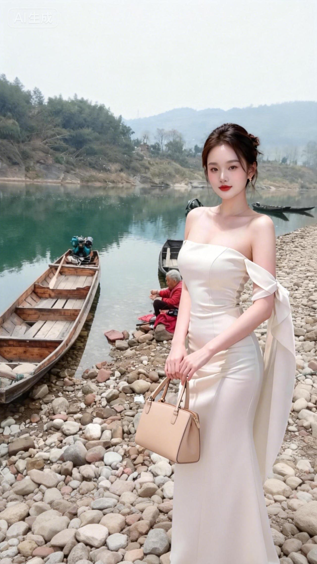 在青山绿水间，一袭白裙与时光温柔相拥。
风掠过江面，也拂过心头，
此刻的静谧，是