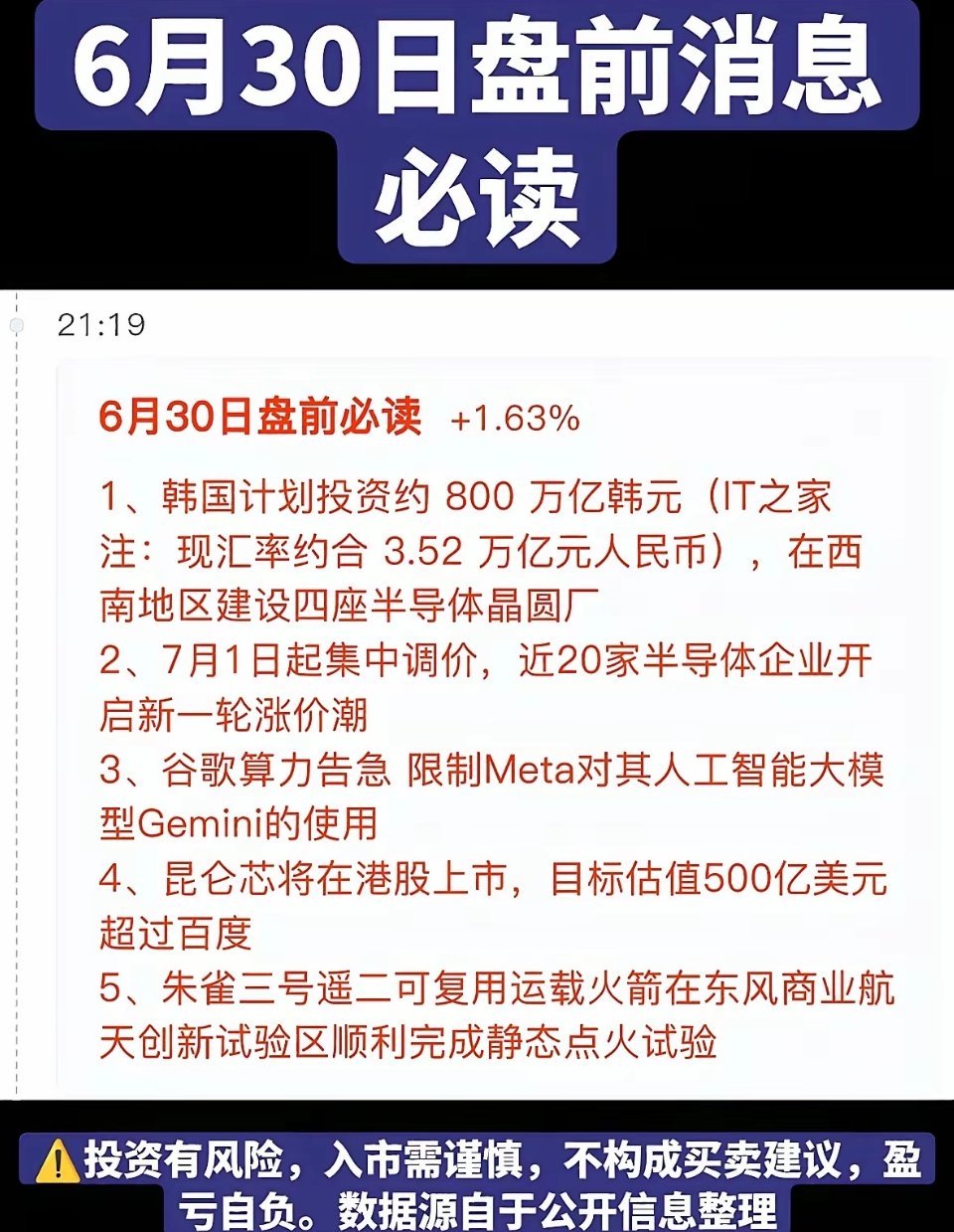 6月30日盘前必读｜两大重磅科技资讯1. 韩国半导体万亿级投资落地韩国计划投入8