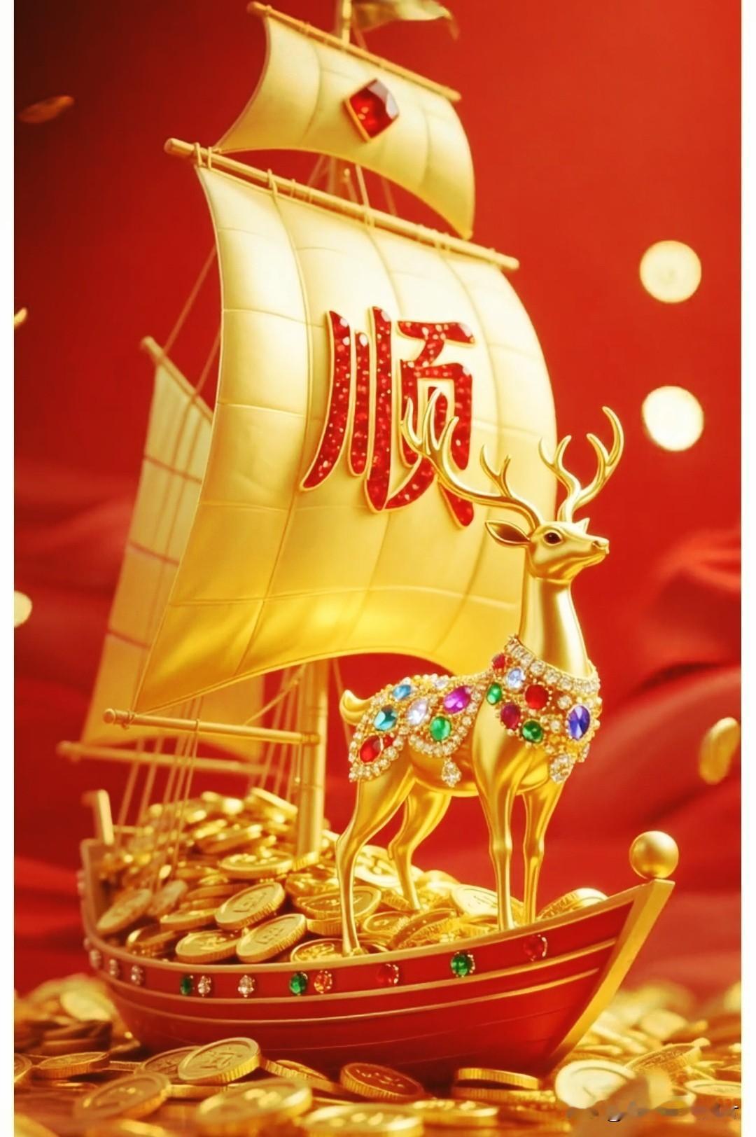 一船金币聚财气，
金鹿临门万事兴。