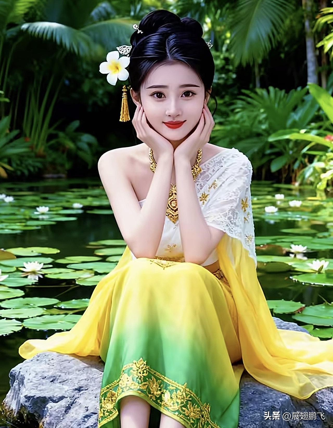 仙气飘飘的古典美人，绿意盎然的背景，宛如画中仙子。古典温婉美女 古典国风美人 古