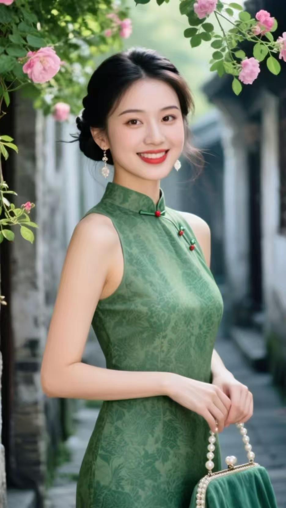 天净沙·旗袍春韵
旗袍锁住江南柔，
蔷薇染透古巷秋。
一笑春风襟袖，
芳容浅浅，