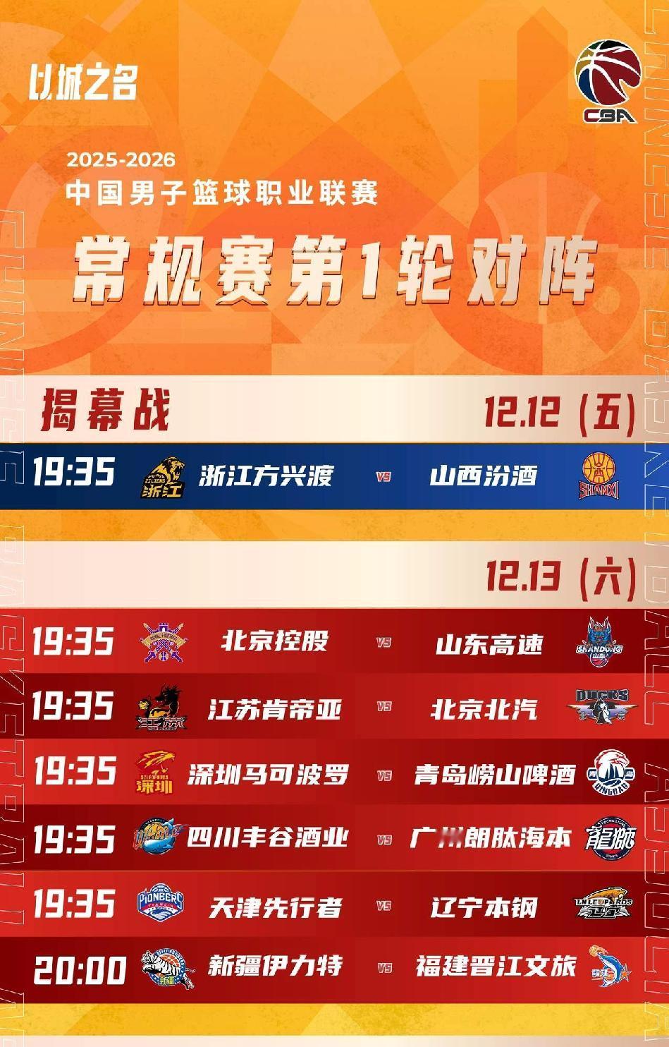 CBA联赛第1轮赛事预告：揭幕战浙江方兴渡vs山西汾酒



在今天晚上19点3