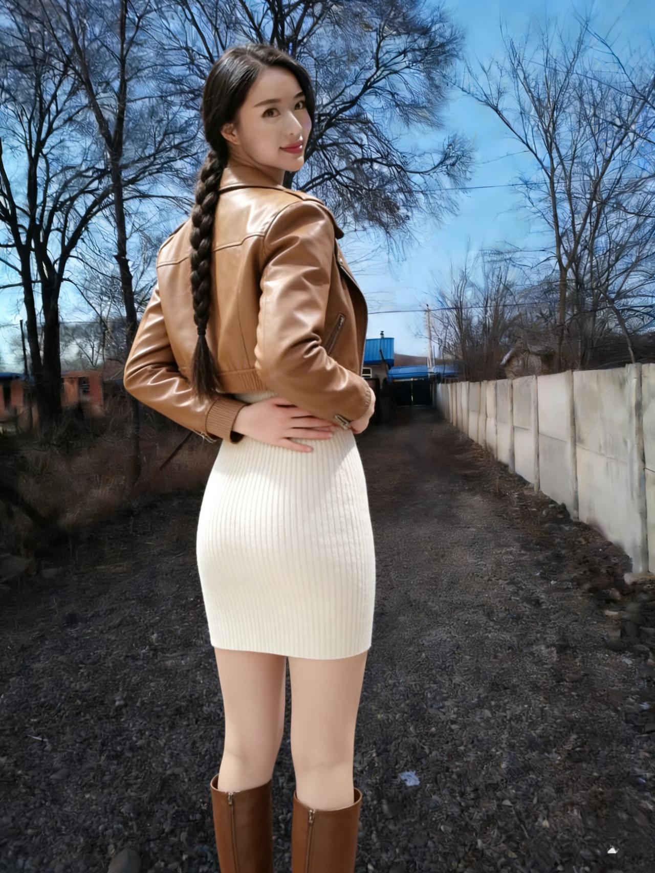 土路荒寒草木残，倩影亭亭立风前。
转眸一笑春光动，繁花纷纷满陌阡。