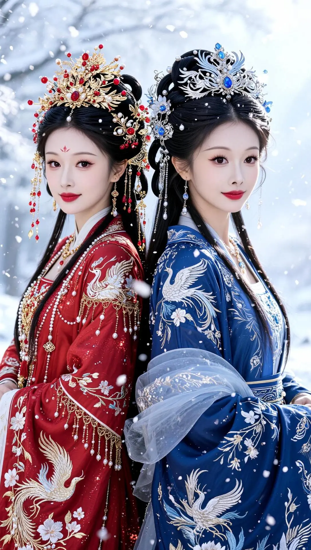 AI双姝仙侠写真 ai创作 古风的完成度还得看脸 汉服与雪景的适配度 ai写真