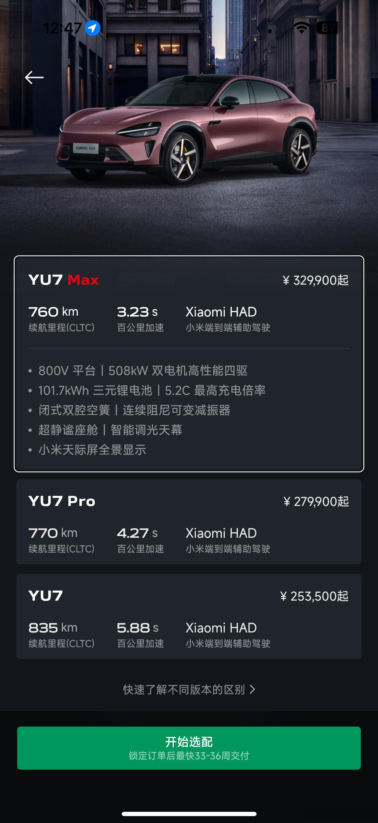 小米YU7现在定车最快提车的max版本需要33-36周，最慢提车的标准版需要53