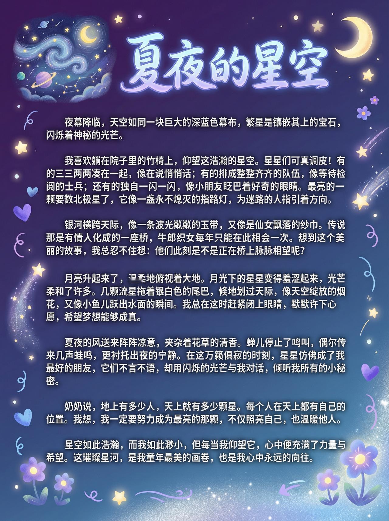 每日晨读美文：《夏夜的星空》

夜幕降临，天空如同一块巨大的深蓝色幕布，繁星是镶