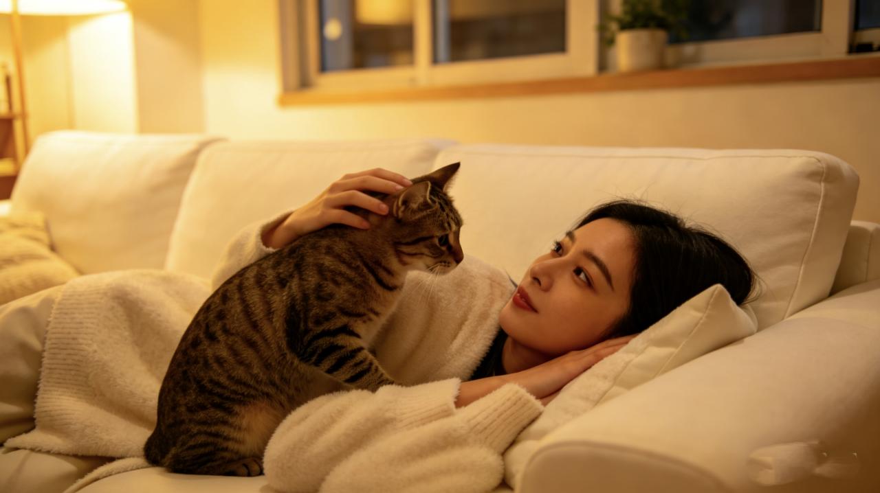 小美单身三年，养了只猫叫“老公”。
每天回家，她瘫在沙发上喊：“老公，好累。”猫