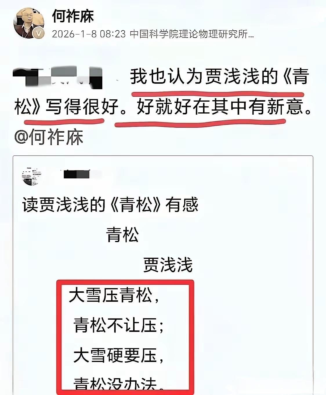 姓何的是为数不多称赞贾某某诗作的人，对青松赞赏有加，说好在有新意，真没看出哪里好