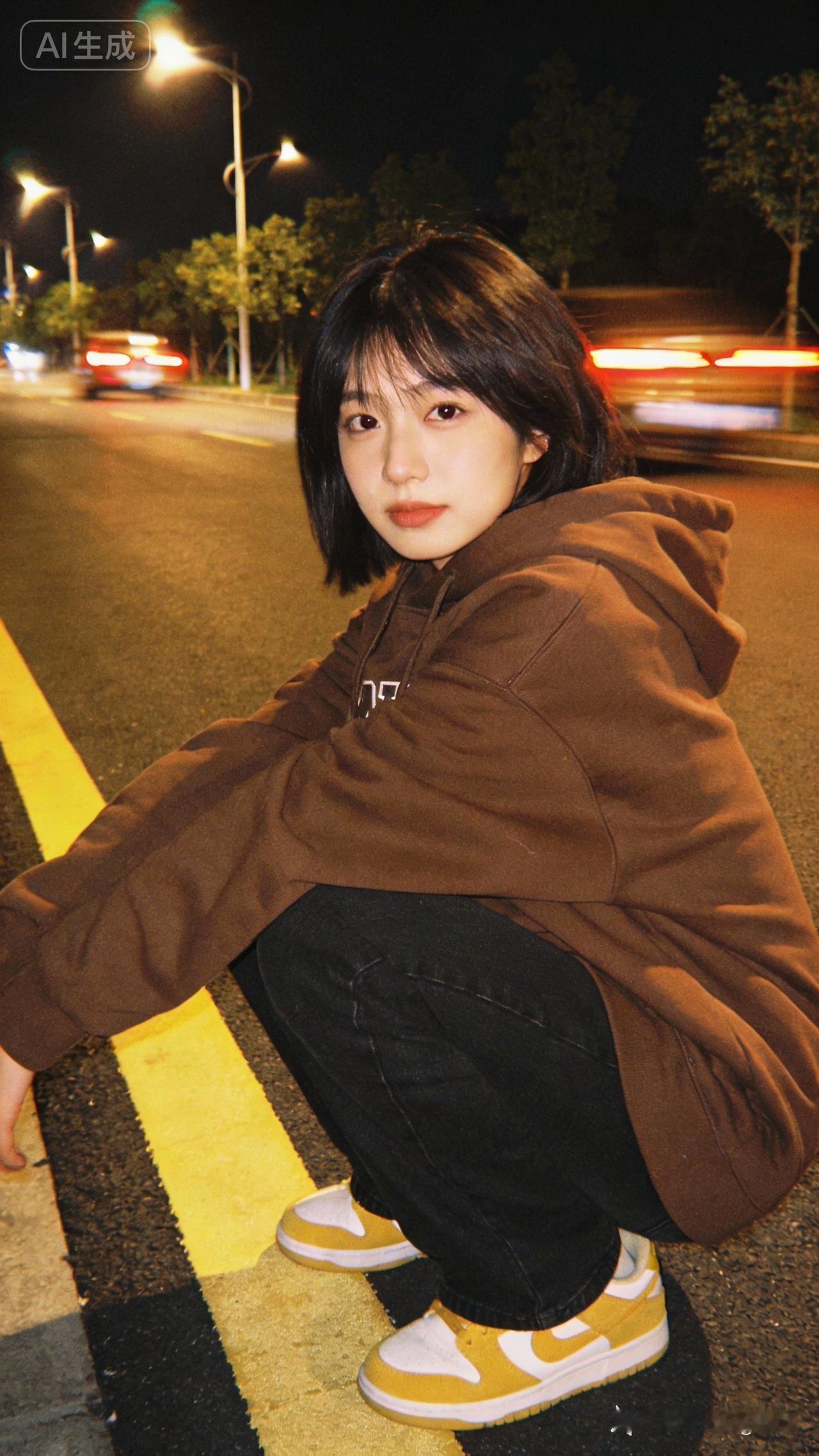 夜晚街头的少女，温暖灯光下的慵懒时光！