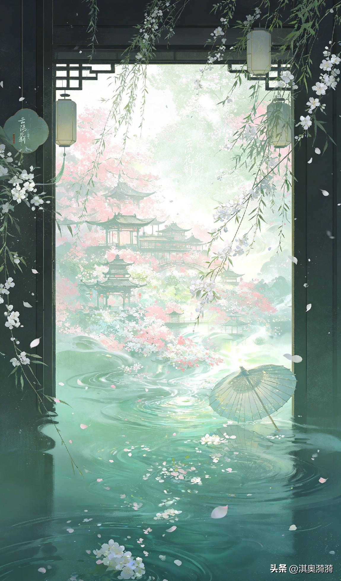 《一溪云，烟笼淡月；半帘风，剪水飞花》

风来花自舞，雨过叶更青。
拾花入小池，