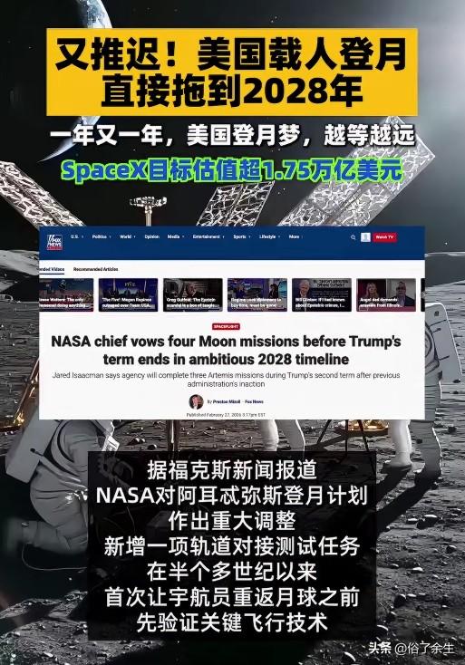 美国宣布将载人登月计划再次推迟至2028年，这是近五年内第三次延期。对比中国"嫦