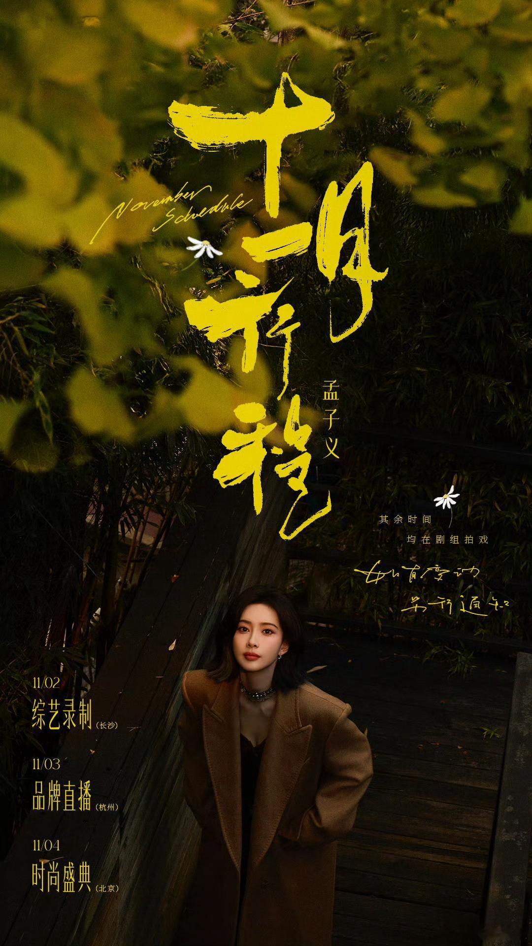 孟子义十一月份行程🈶️，银杏树下秋意正浓，棕色🏾超长大衣外套气质十足～ ​​