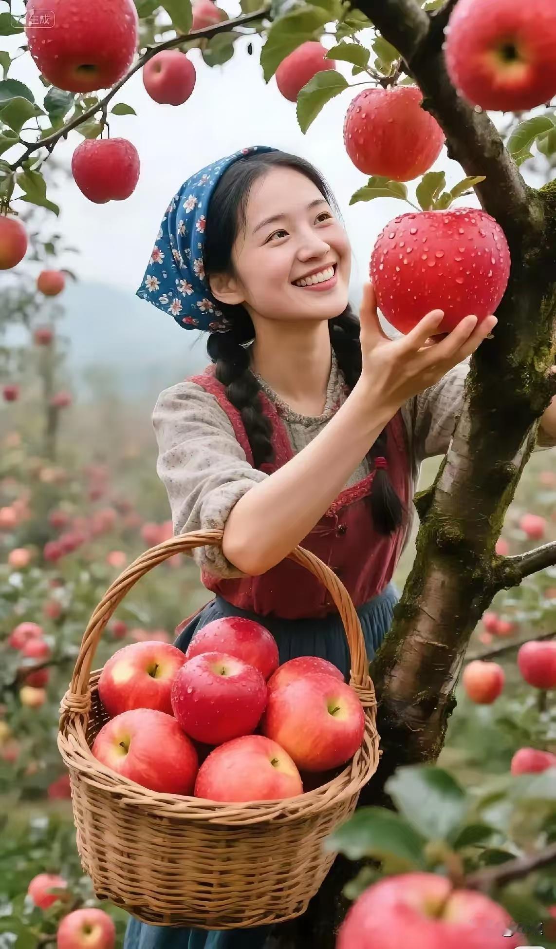农女摘苹果
篱畔村姑摘果忙，
盈筐红果映容光。
丰收喜意藏不住，
笑靥嫣然胜海棠