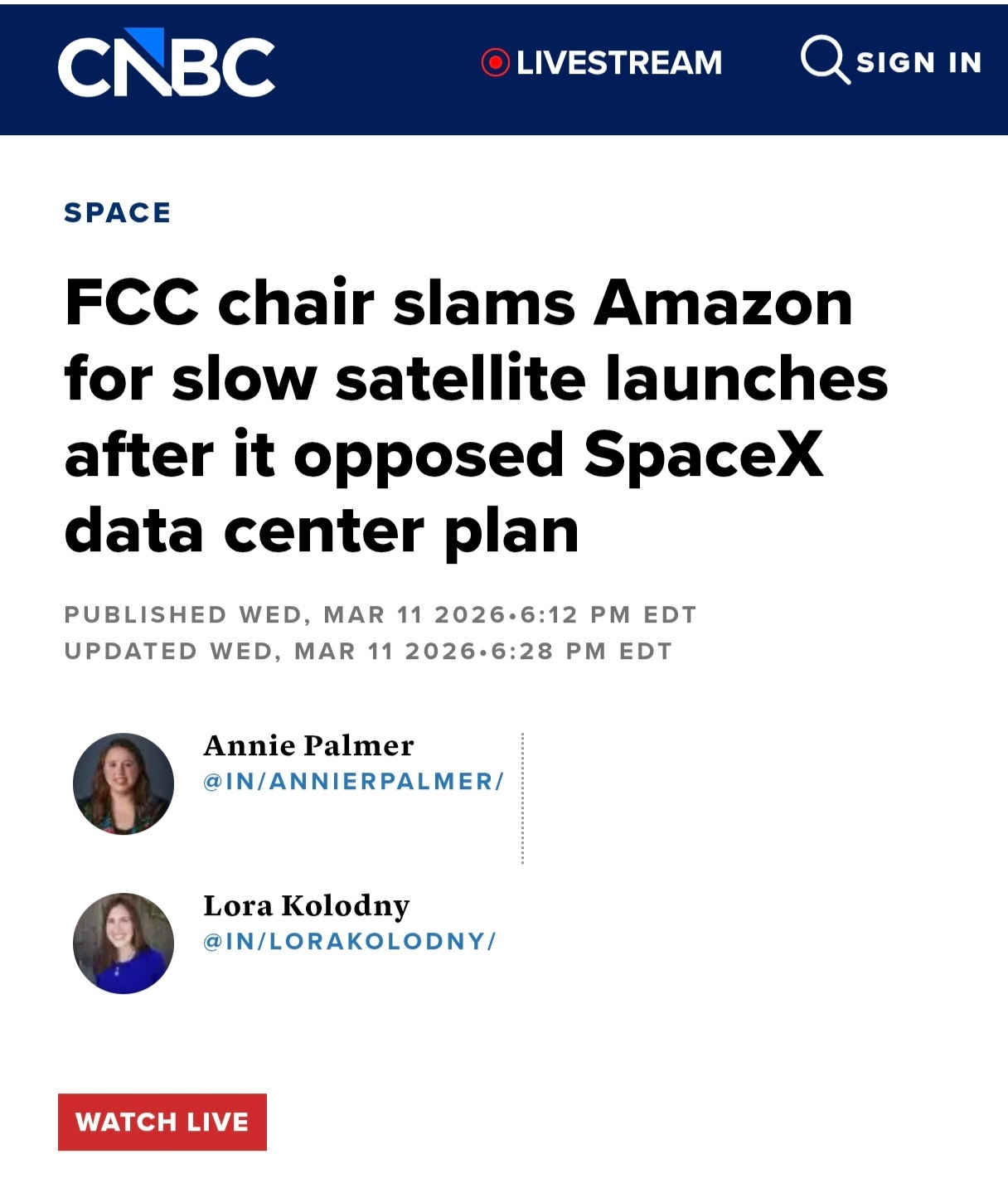 据CNBC报道，美国联邦通信委员会主席Brendan Carr于周三对Amazo