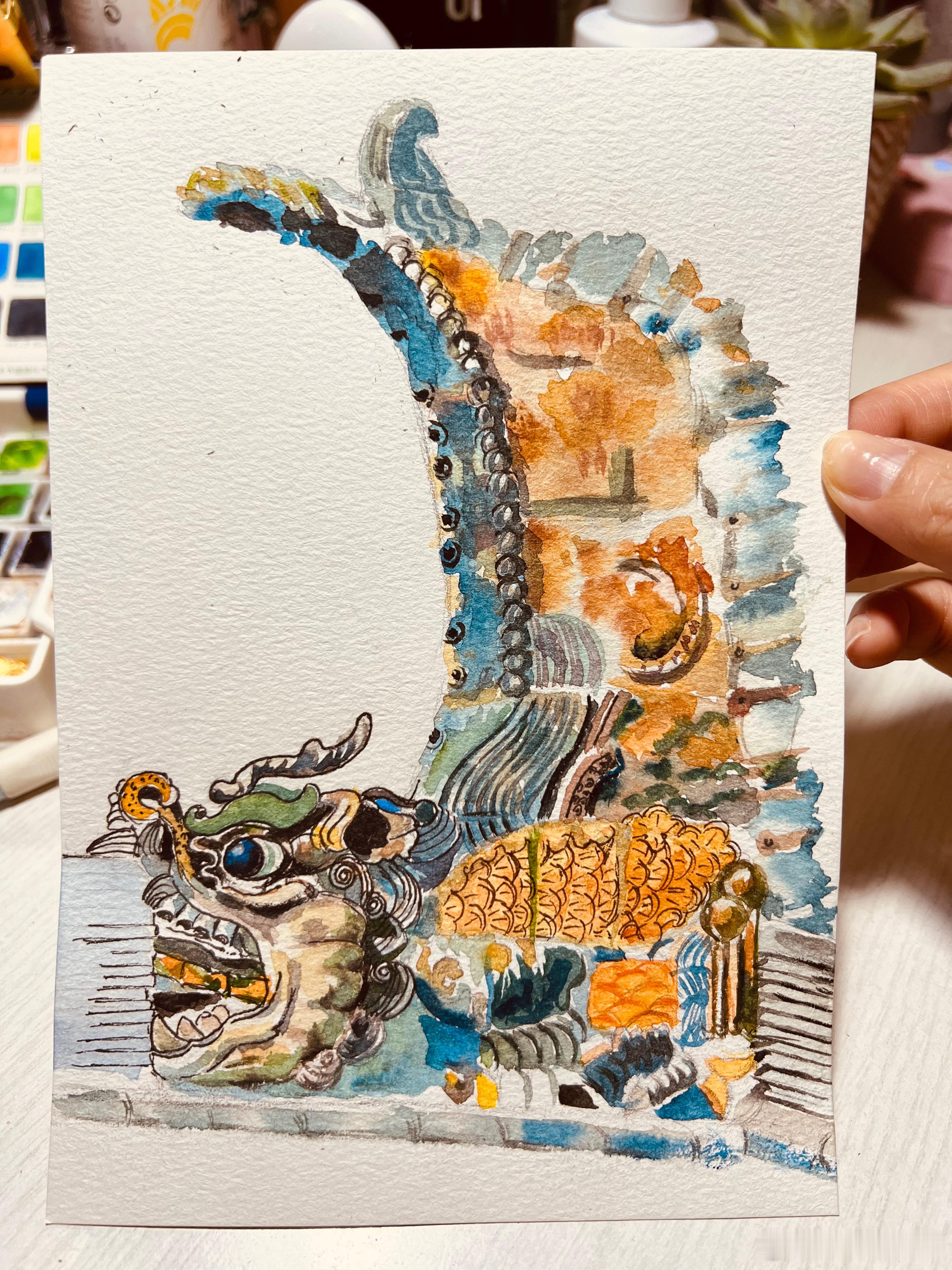 朋友画的华严寺金代鸱吻，水彩作品。 ​​​