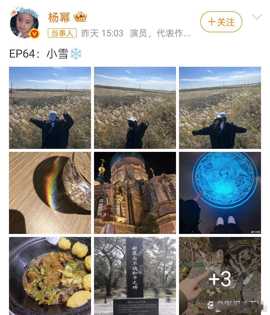 11月22日，演员杨幂在小雪节气当天发布一组生活照片。 在第8张照片中，杨幂发了