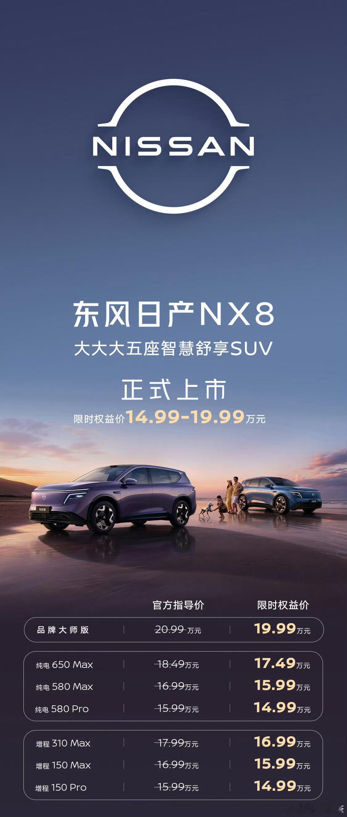 4.8日东风日产NX8正式上市：智驾数码团 增程版： 150 Pro 14.99
