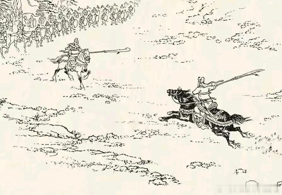 三国 关刀一出，谁与争锋。此图中关公面对敌阵，单人独骑跃马挥刀，眉头都不带皱一下