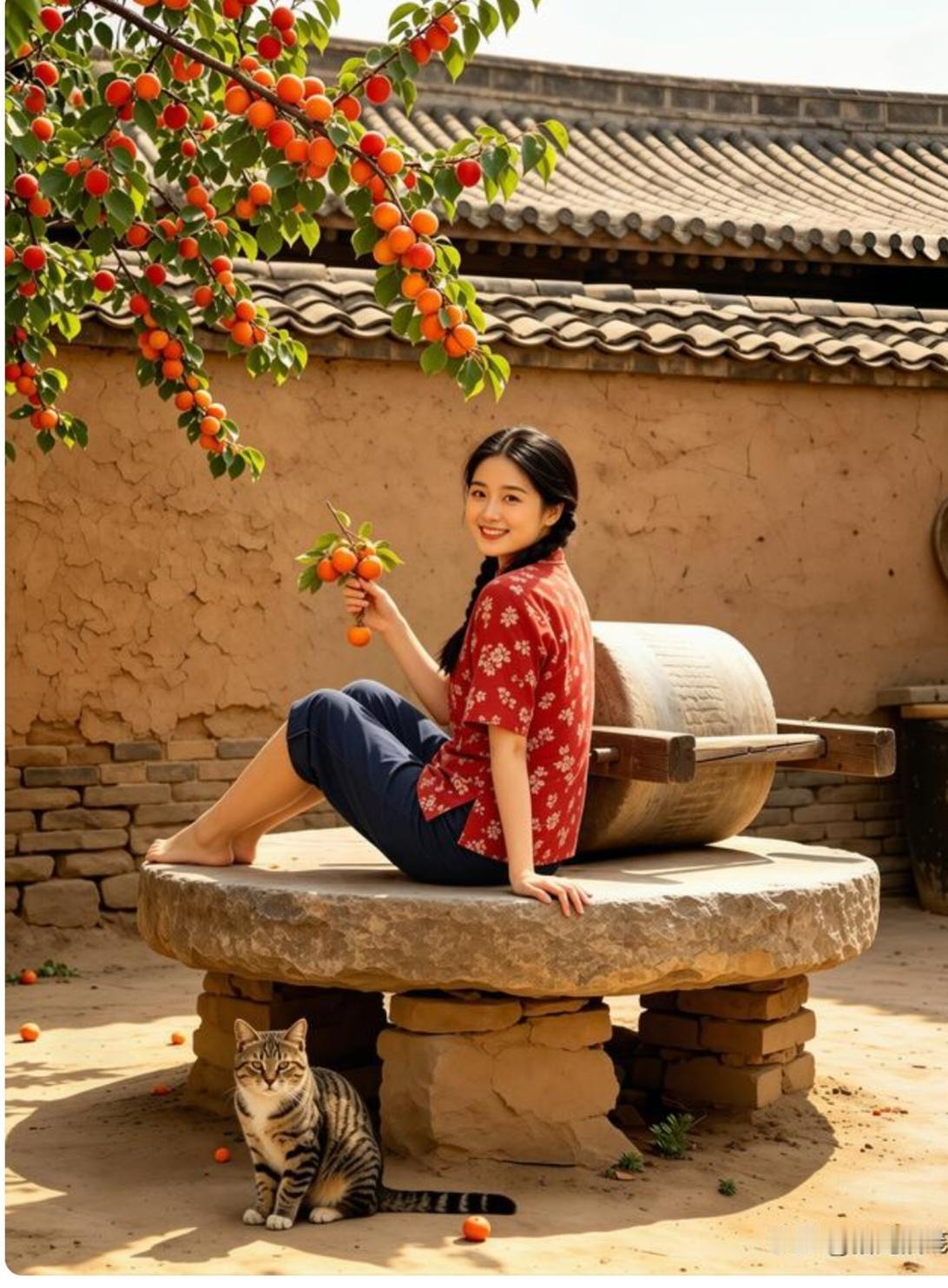 农村姑娘就是美，在碾盘上就能摘到红杏吃。这样的待遇。你只能羡慕。在杏树上摘杏。你