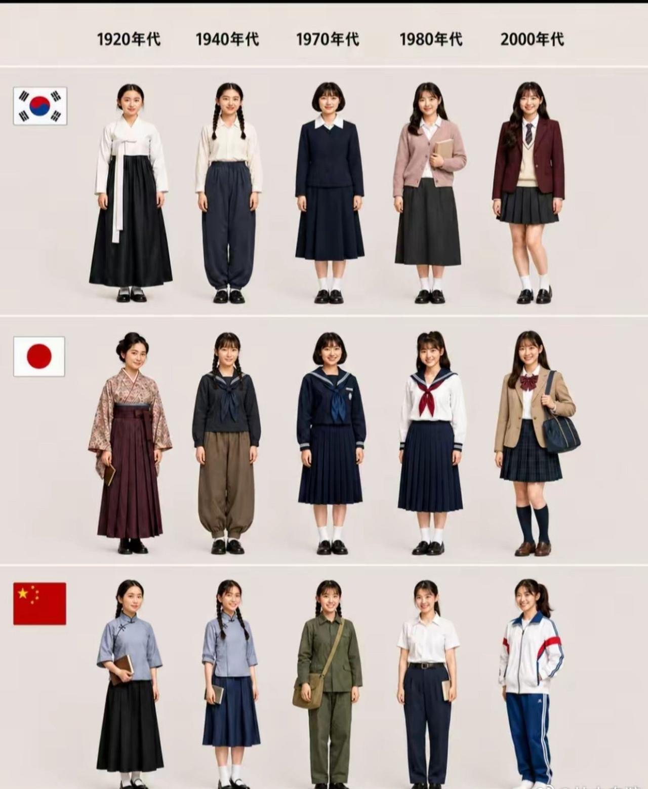 一张韩国人制作的中日韩女生校服变迁，在X平台火了！

我感觉只有中国的最保护女生
