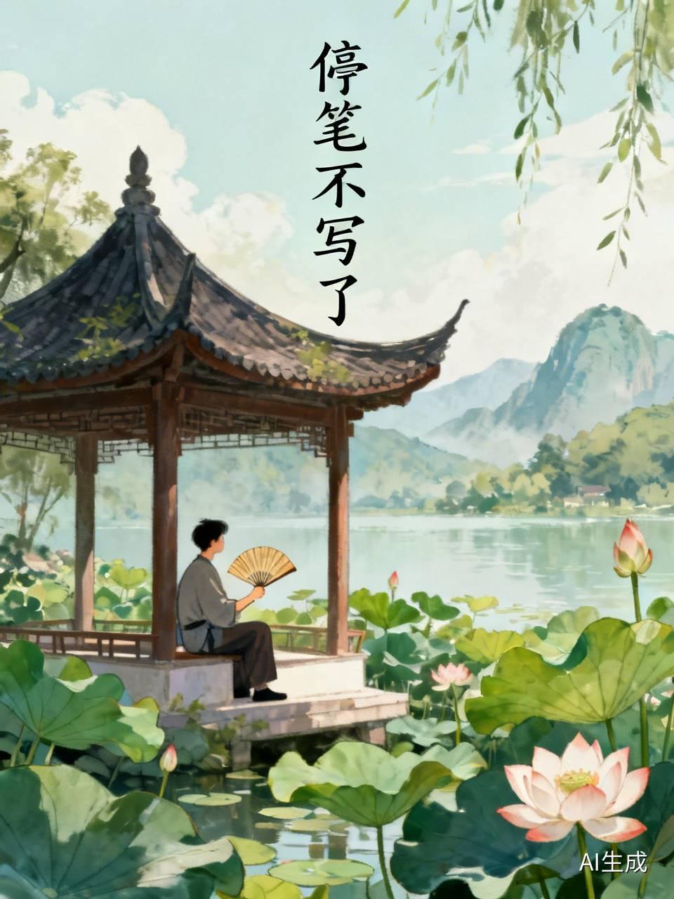 避暑停笔不写了

酷热难捱思维乱，
蝉噪蛙鼓心好烦。
且把笔砚轻搁置，
凉亭摇扇