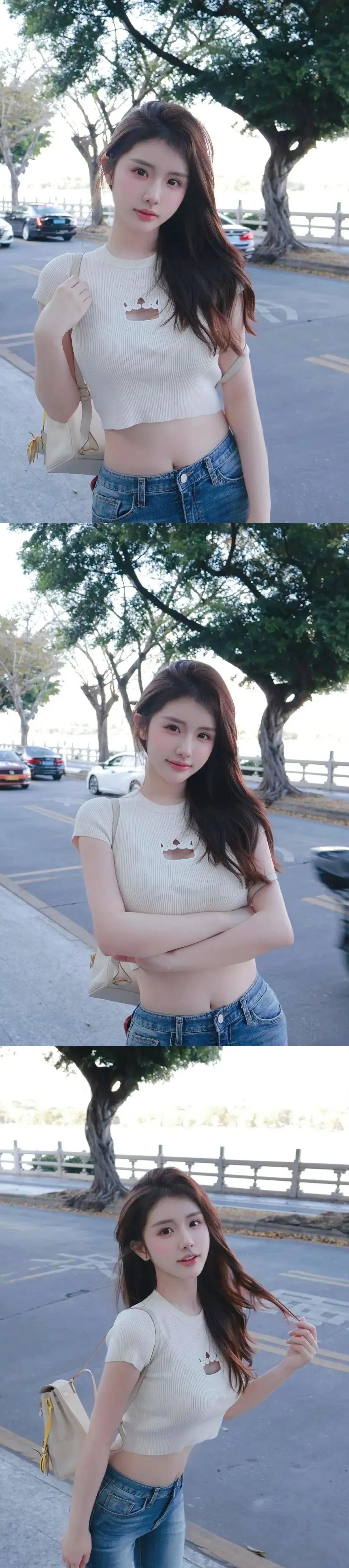 她长发如瀑，柔顺垂落肩头，自然勾勒出脸部柔美的线条。眼眸明亮清澈，似藏着盈盈秋水