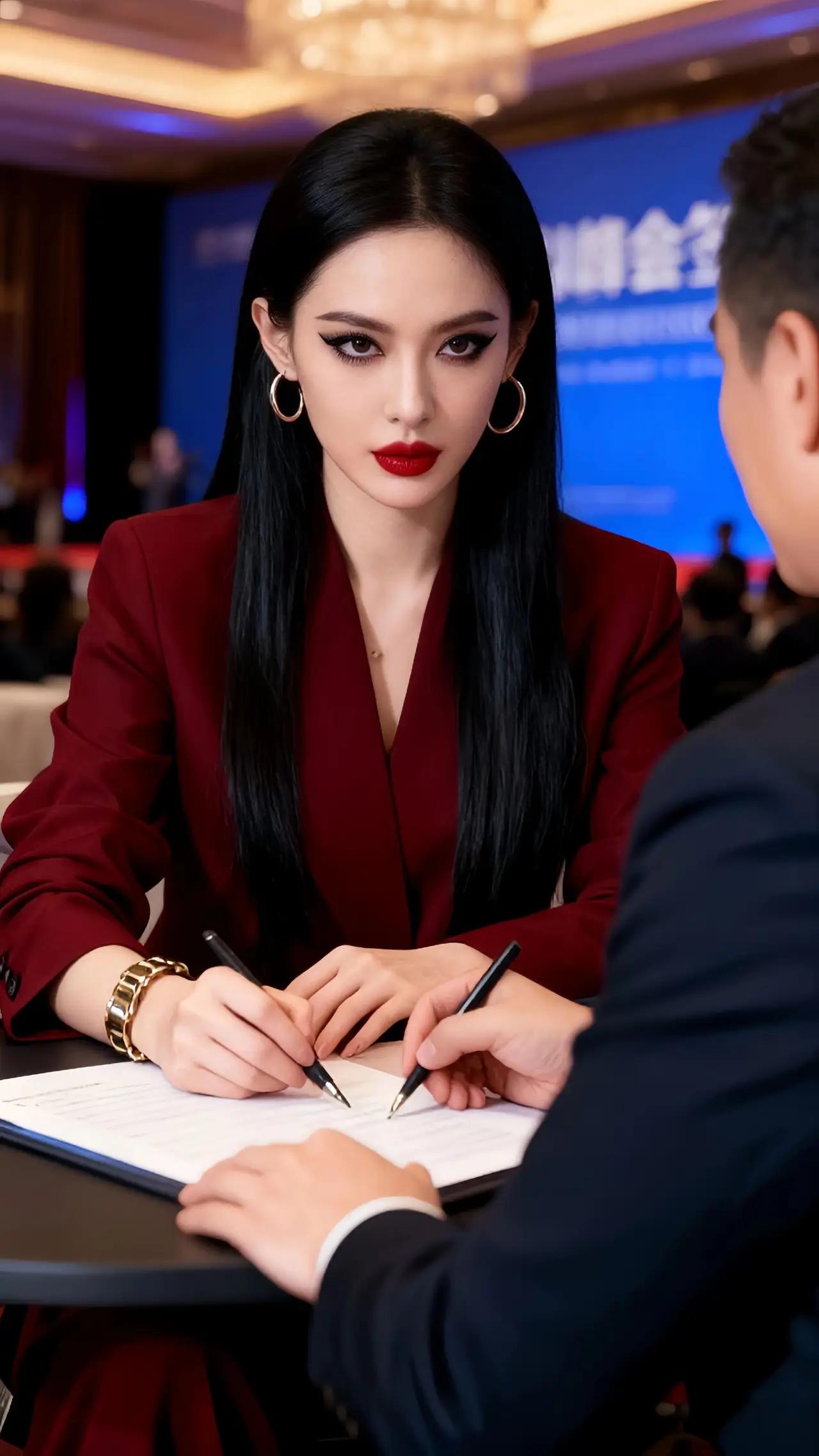 优雅商务谈判，红衣女郎与西装男士在签署重要文件，背景是华丽的宴会厅。