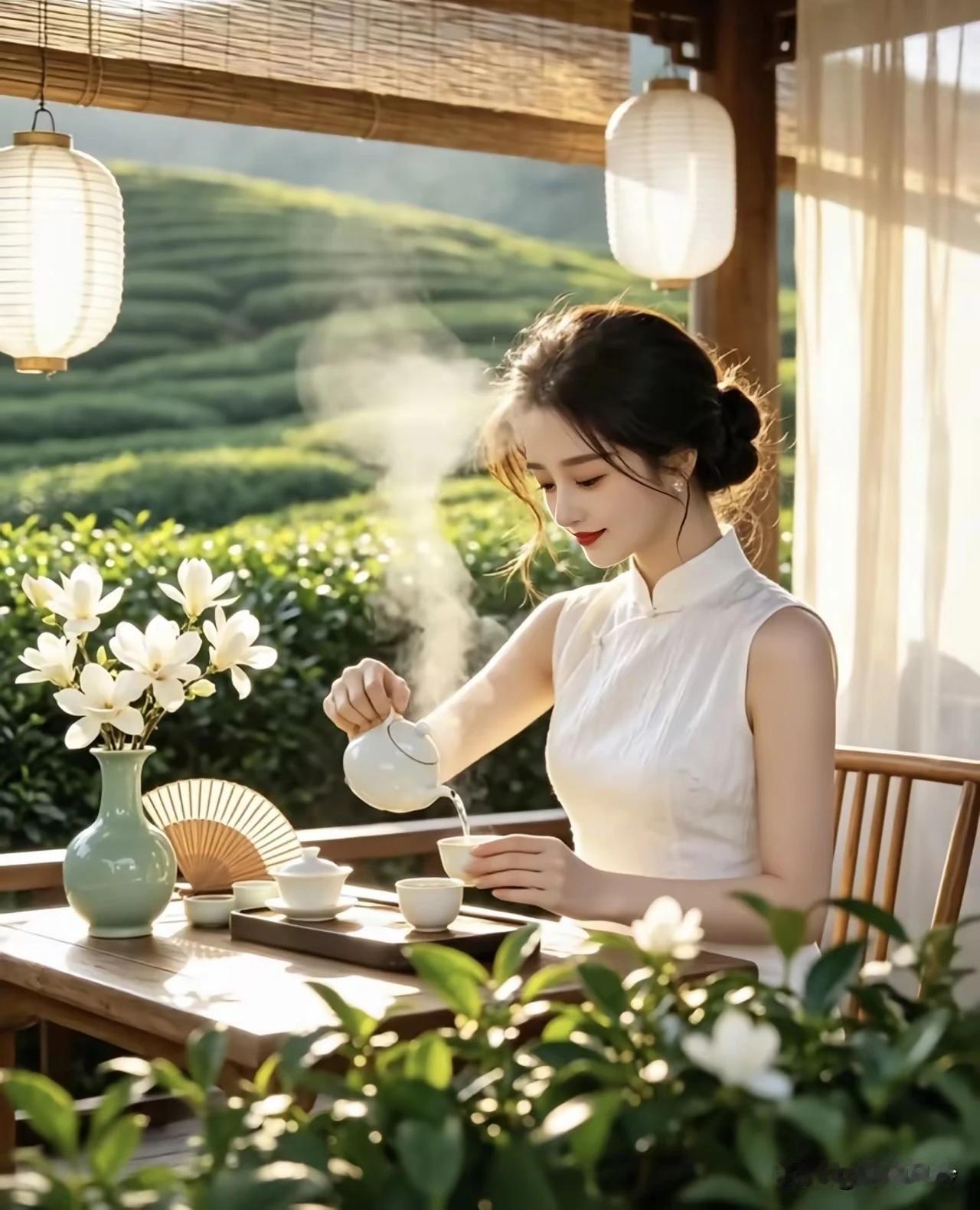 佳人纤手煮新茶，
慢捻清泉入紫砂。
一缕幽香随风起，
沁人心扉穿轩纱。