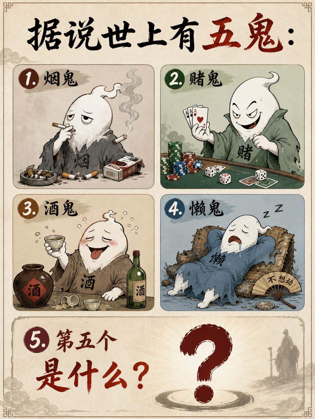 据说世上有五鬼：

1.烟鬼
2.赌鬼
3.酒鬼
4.懒鬼

第五个是什么？