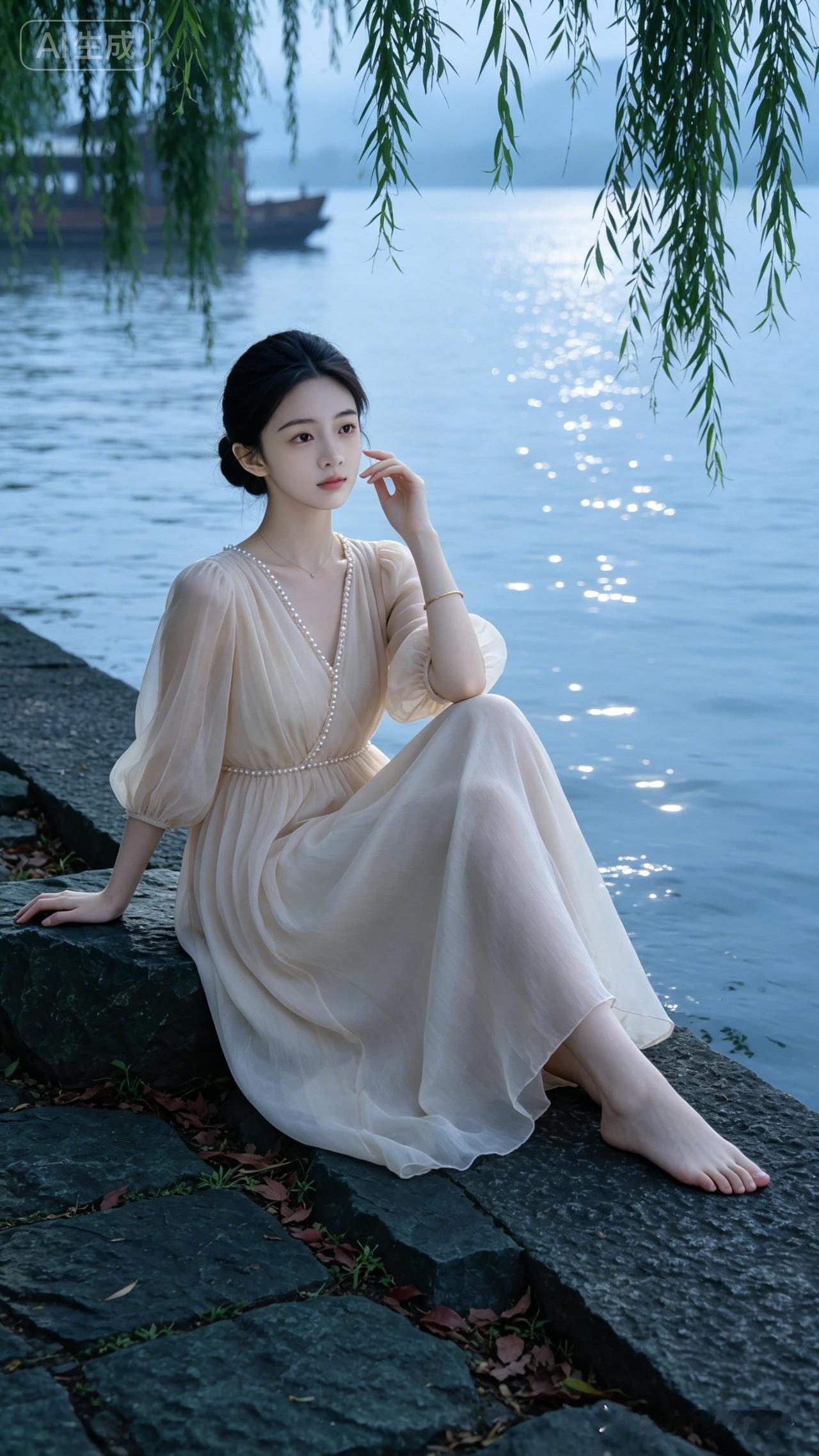 西湖户外场景
女子坐在湖边有着凹凸肌理的深青黑色大块石板堤岸上，石缝间零星生长着