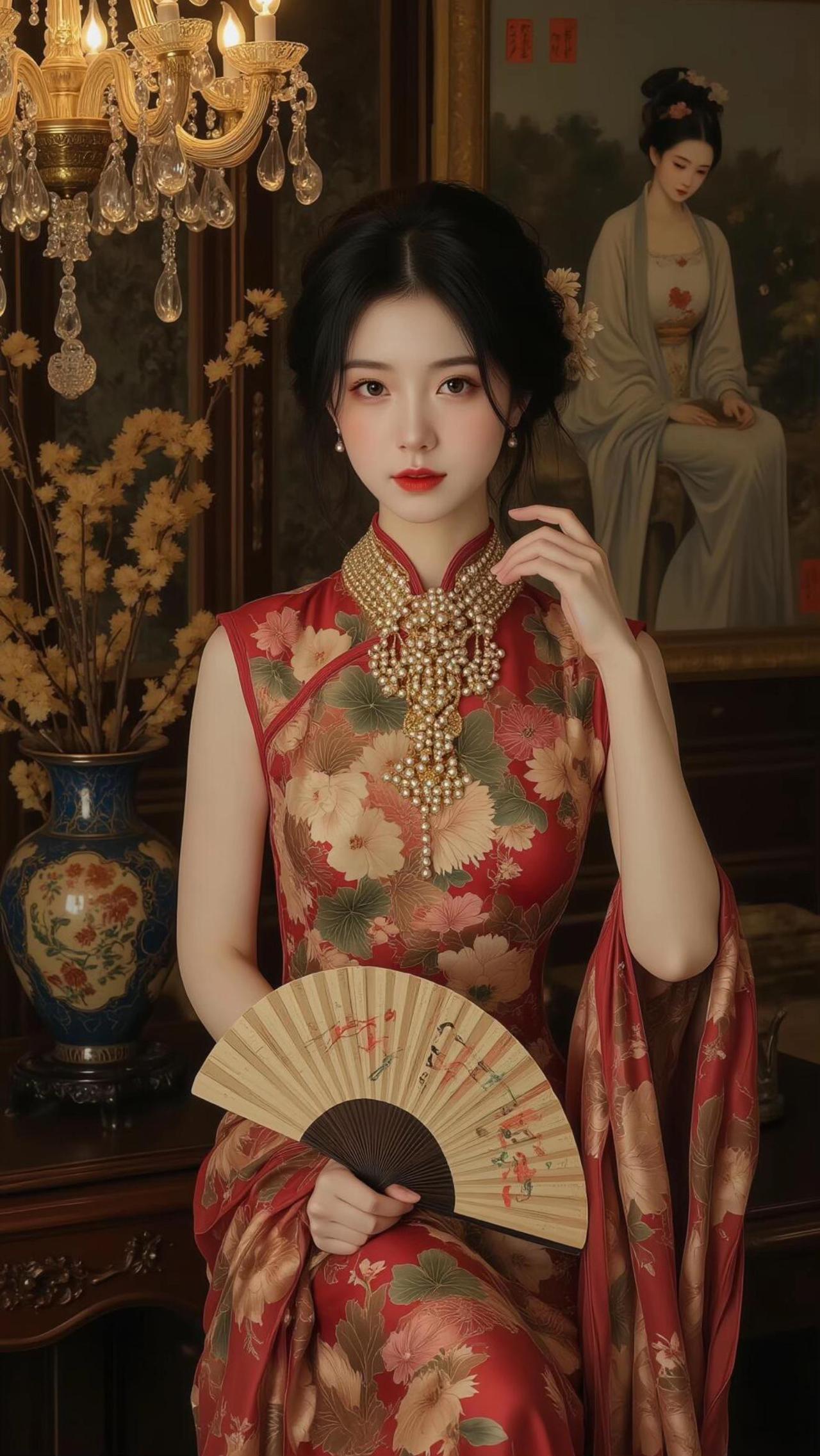 身着古风旗袍的美丽小姐姐，气质高雅似从旧时光走来。
 
精致的旗袍剪裁贴合身姿，