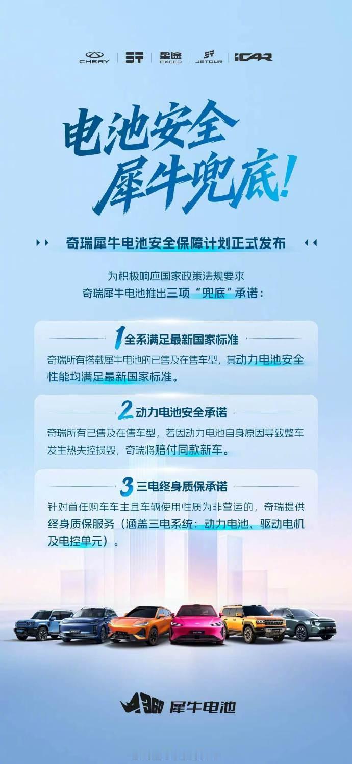 奇瑞宣布犀牛电池安全兜底计划7月1日史上最严电池新国标正式落地，新国标严在哪？比