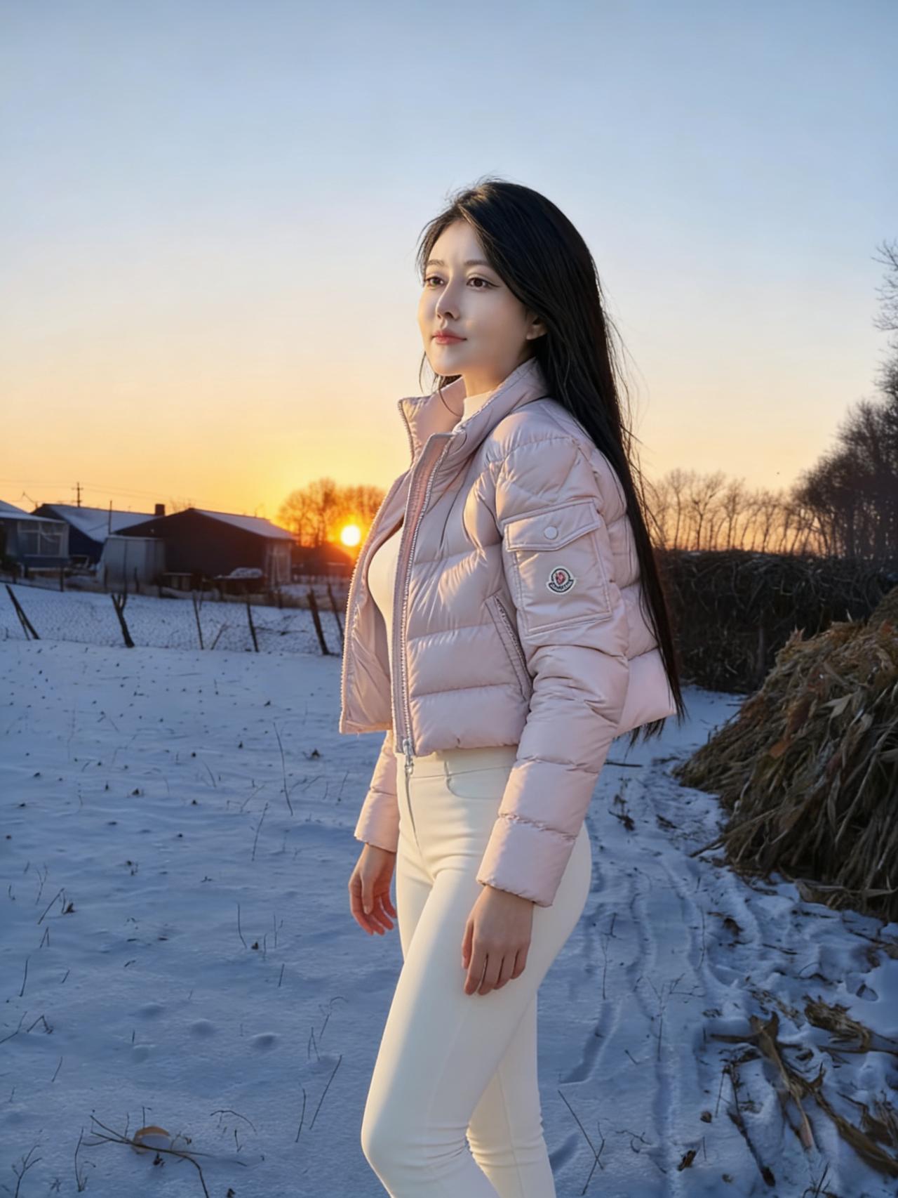 雪把田野揉成柔软的纸
落日蘸着橘色，在天边写最后一行诗
粉色的羽绒服是跳脱的标点