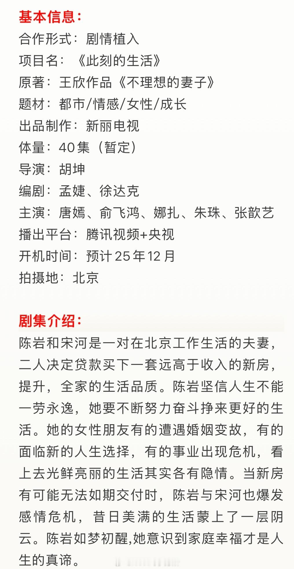 新丽《此刻的生活》招商主演：唐嫣、俞飞鸿、娜扎、朱珠、张歆艺播出平台：腾讯视频+